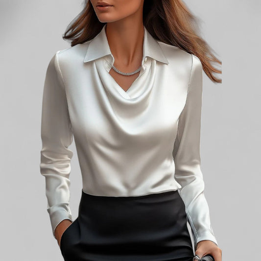 Draped Cowl Neck Blouse with Collar and Long Sleeves for Women