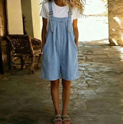 Washed Look Short Overalls with Buckle Straps and Pockets for Women