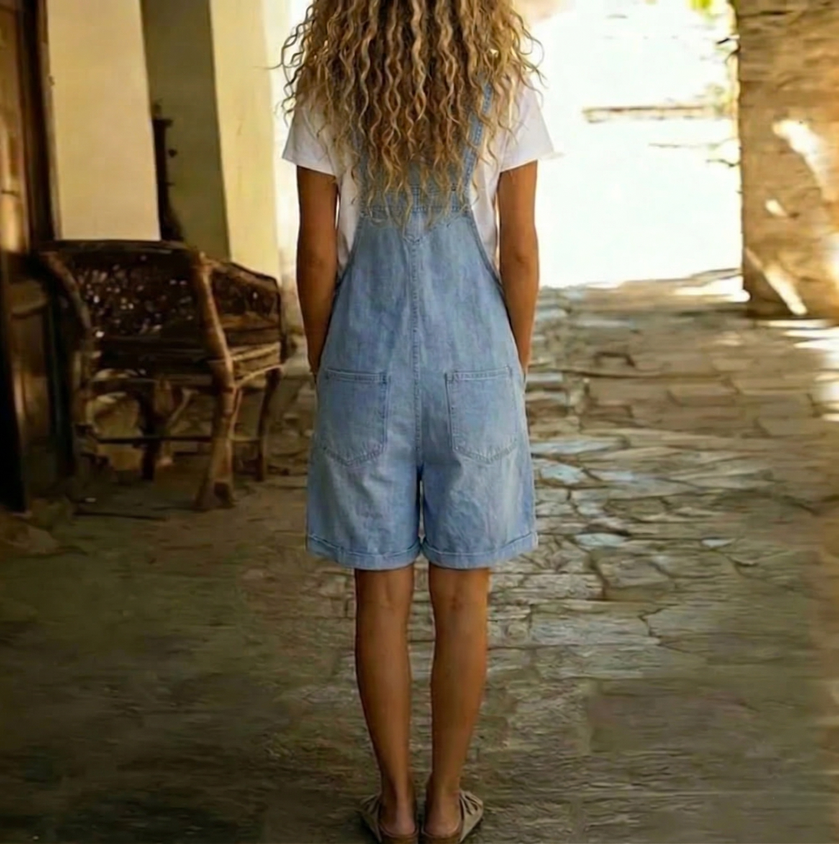 Washed Look Short Overalls with Buckle Straps and Pockets for Women