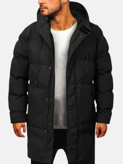 Long Hooded Puffer Coat with Zip Front and Storm Flap for Men
