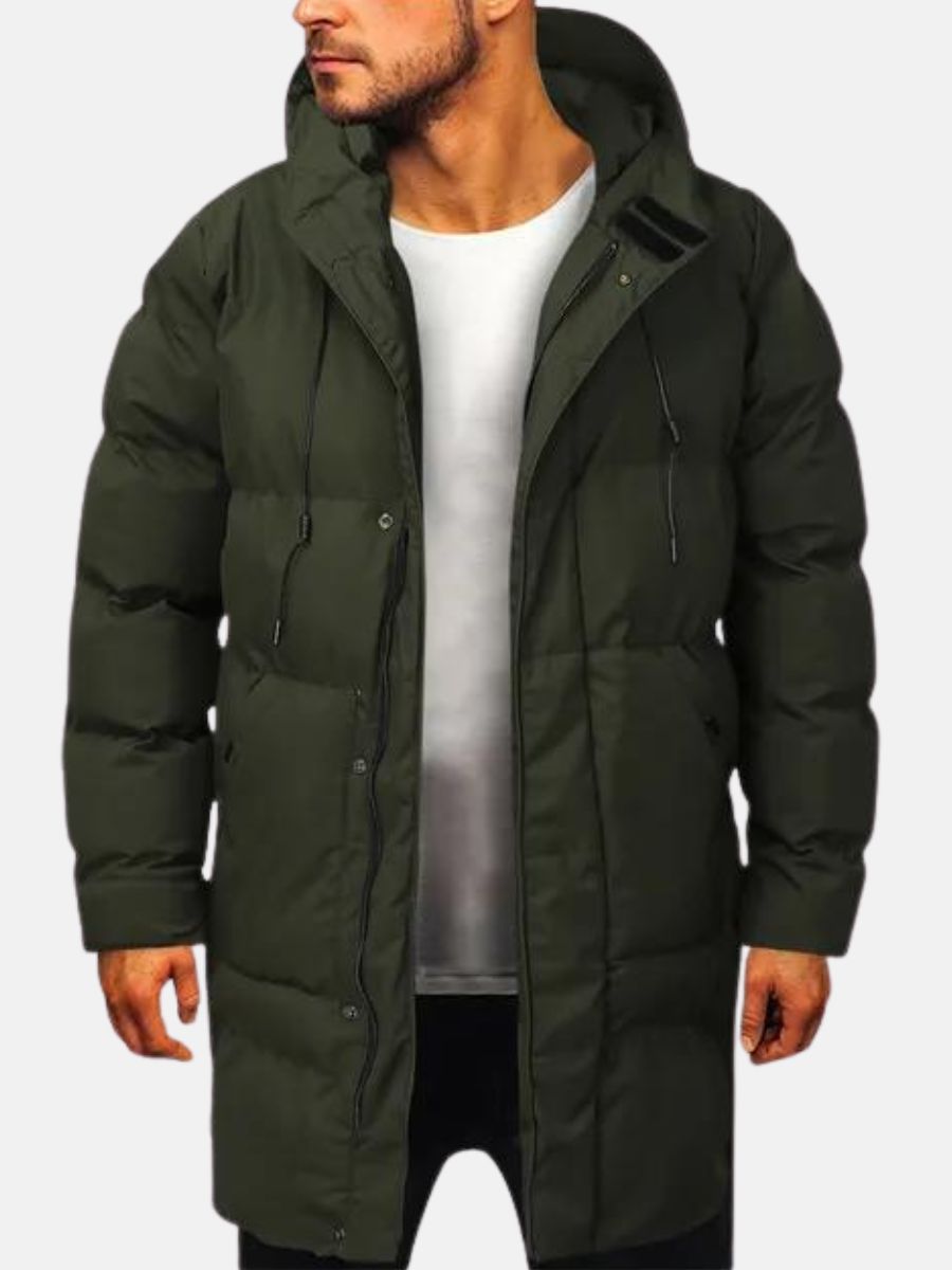 Long Hooded Puffer Coat with Zip Front and Storm Flap for Men