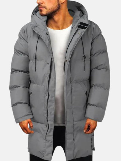 Long Hooded Puffer Coat with Zip Front and Storm Flap for Men