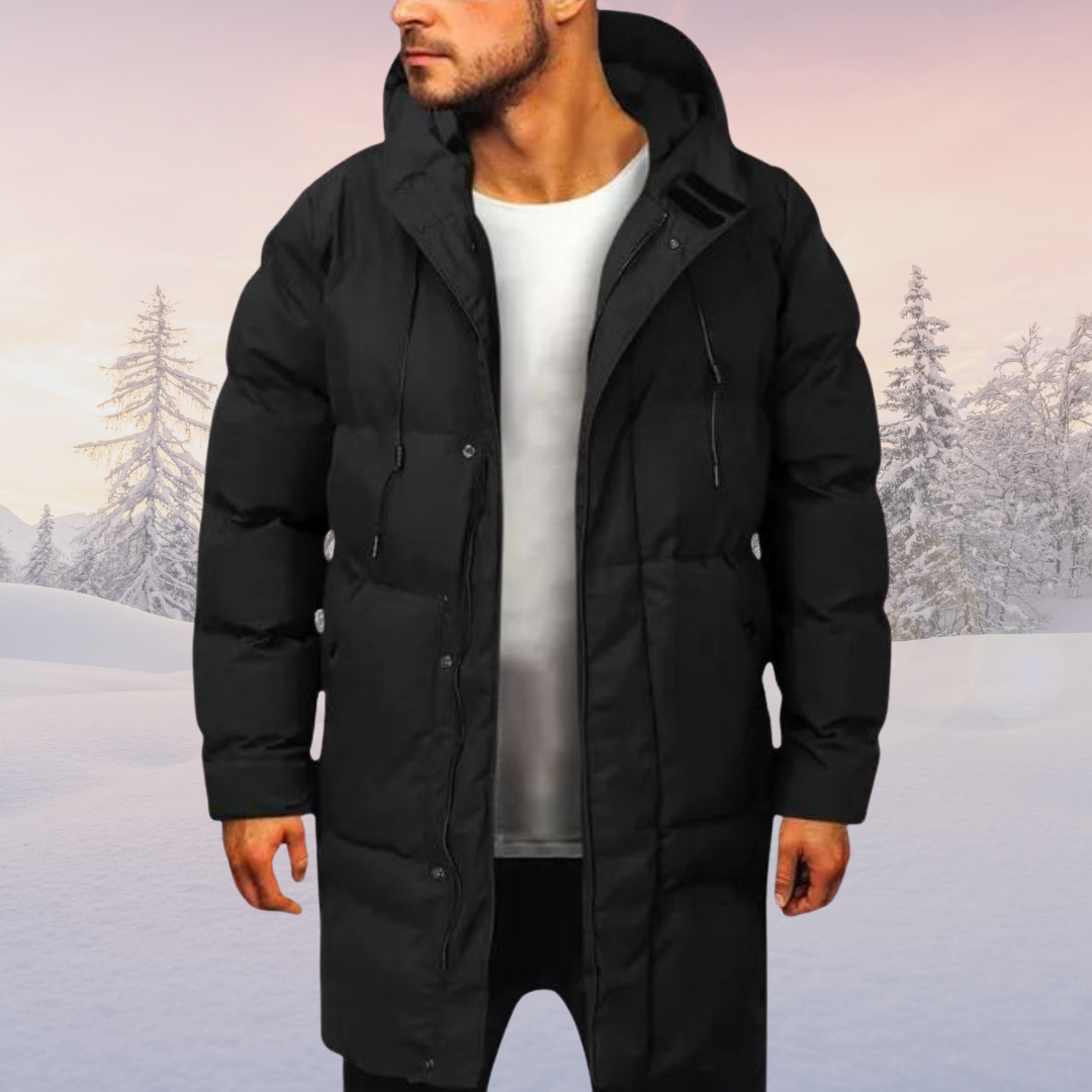 Long Hooded Puffer Coat with Zip Front and Storm Flap for Men