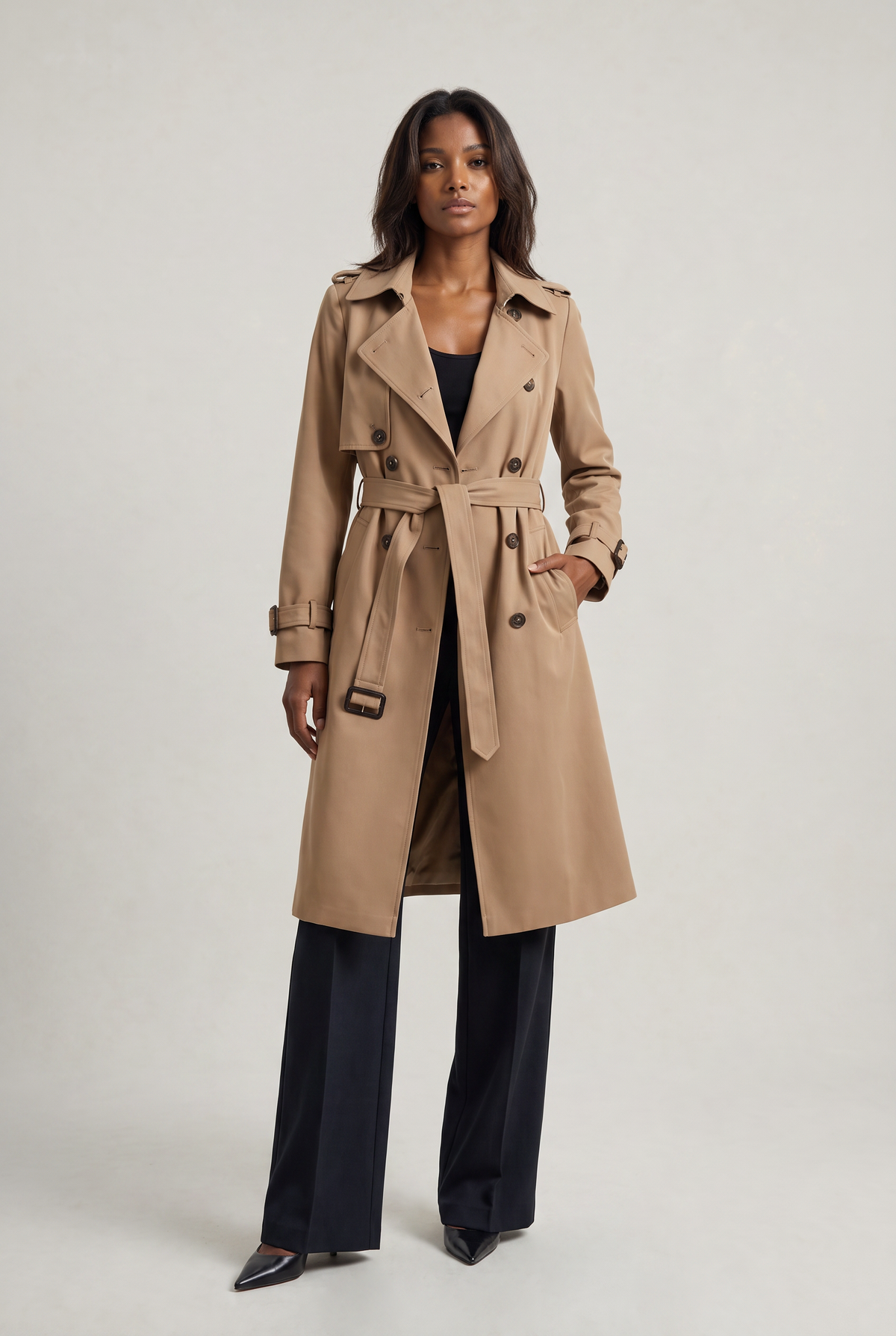 Double Breasted Trench Coat with Belted Waist and Storm Flap for Women