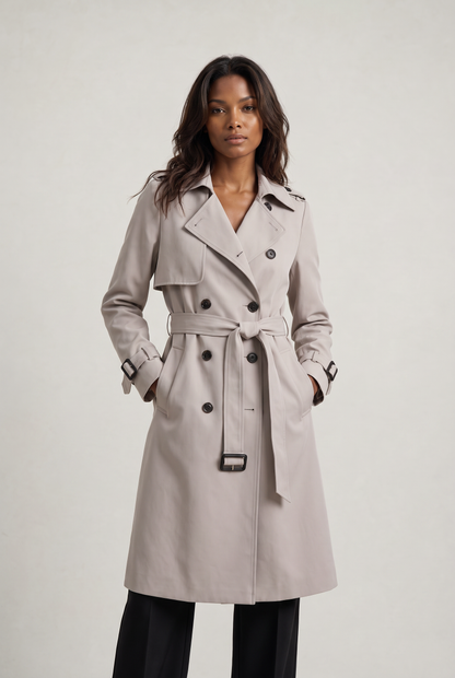 Double Breasted Trench Coat with Belted Waist and Storm Flap for Women