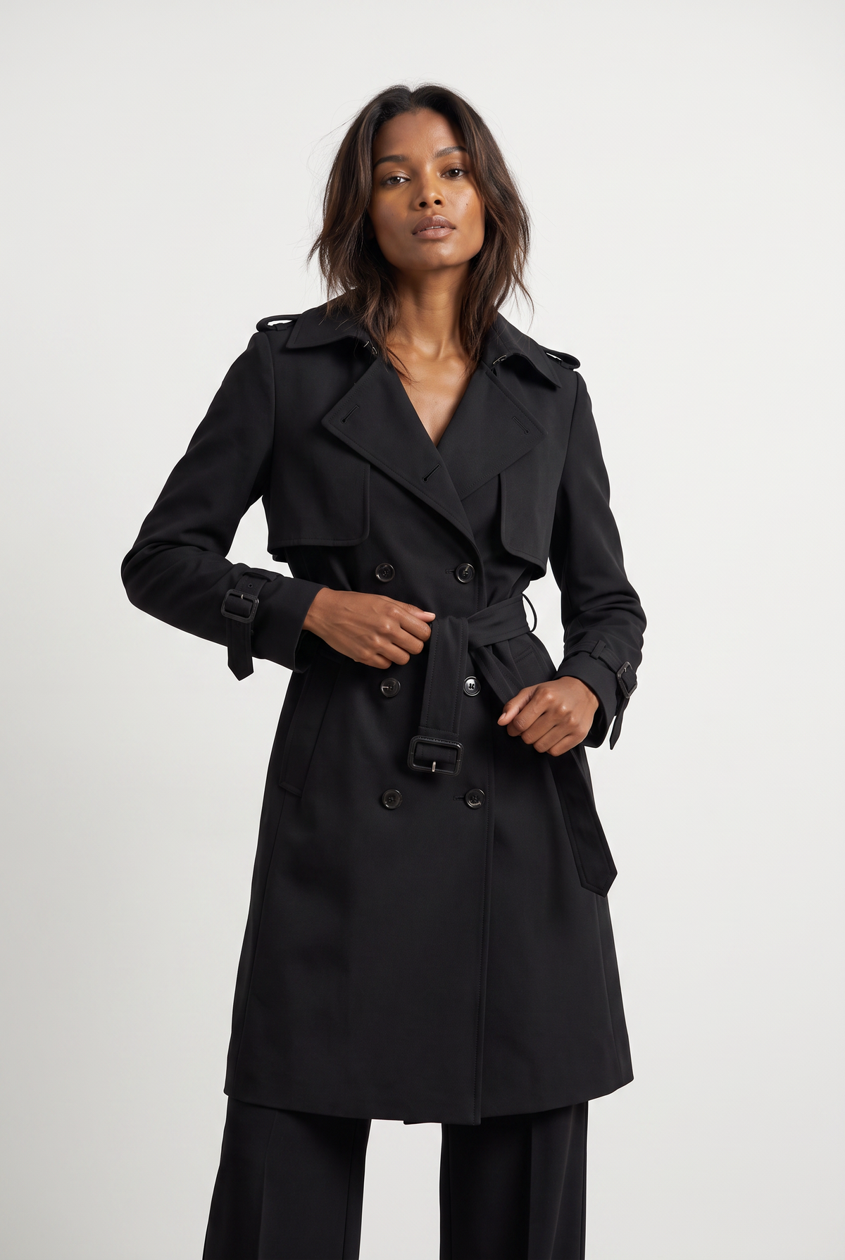 Double Breasted Trench Coat with Belted Waist and Storm Flap for Women