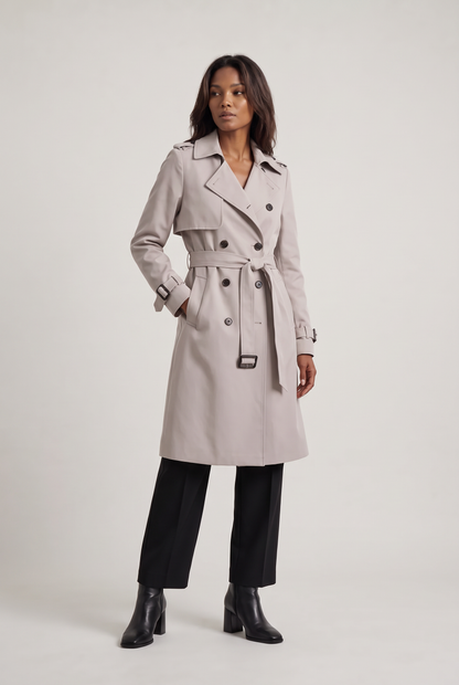 Double Breasted Trench Coat with Belted Waist and Storm Flap for Women