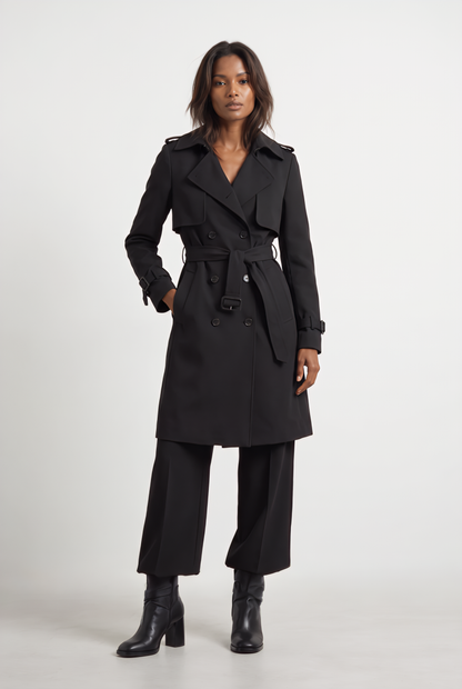 Double Breasted Trench Coat with Belted Waist and Storm Flap for Women