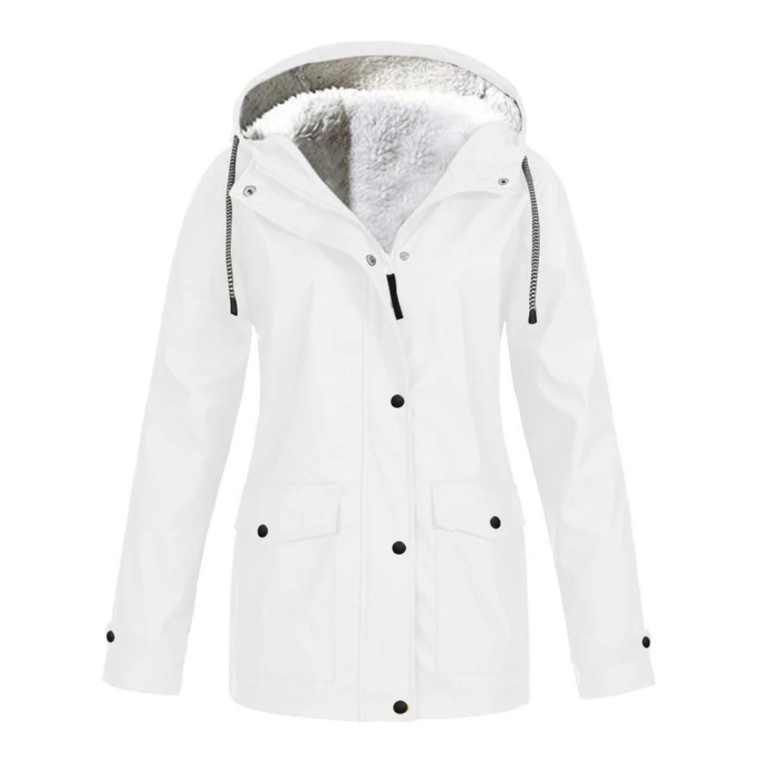 Hooded Rain Jacket with Plush Lining and Flap Pockets for Women