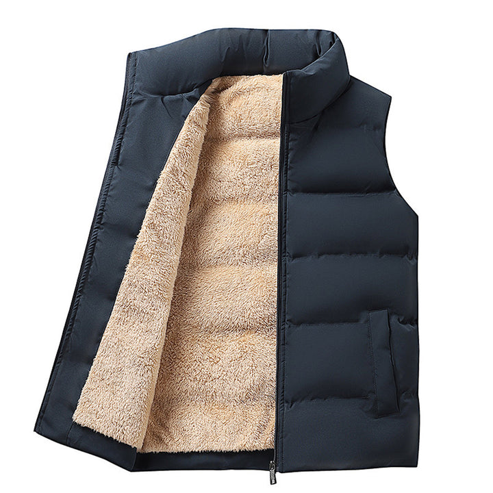 Plush Lined Puffer Vest with Stand Collar and Zip Pockets for Men