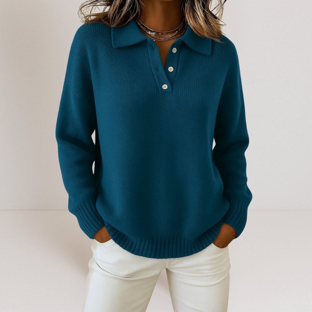 Polo Collar Sweater with Button Placket and Relaxed Fit for Women
