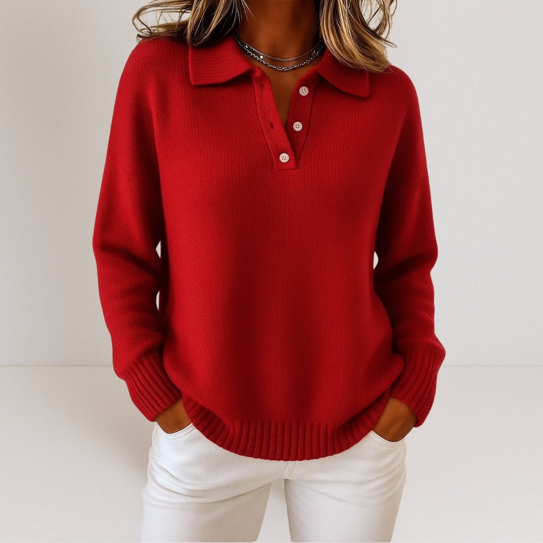 Polo Collar Sweater with Button Placket and Relaxed Fit for Women