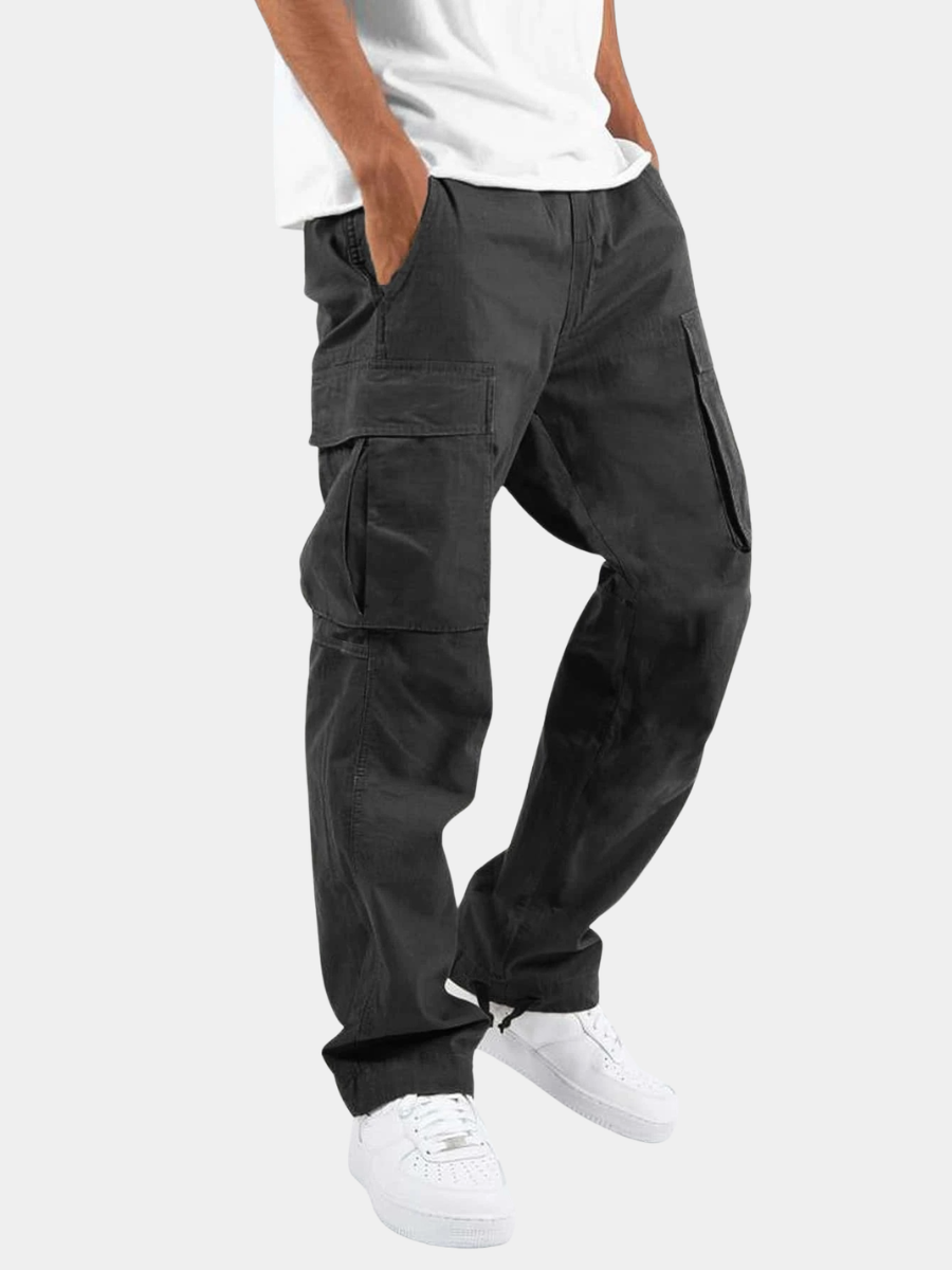 Relaxed Cargo Trousers with Side Flap Pockets and Cuffed Hem for Men