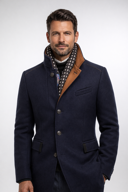 Stand Collar Overcoat with Layered Scarf Insert and Buttons for Men
