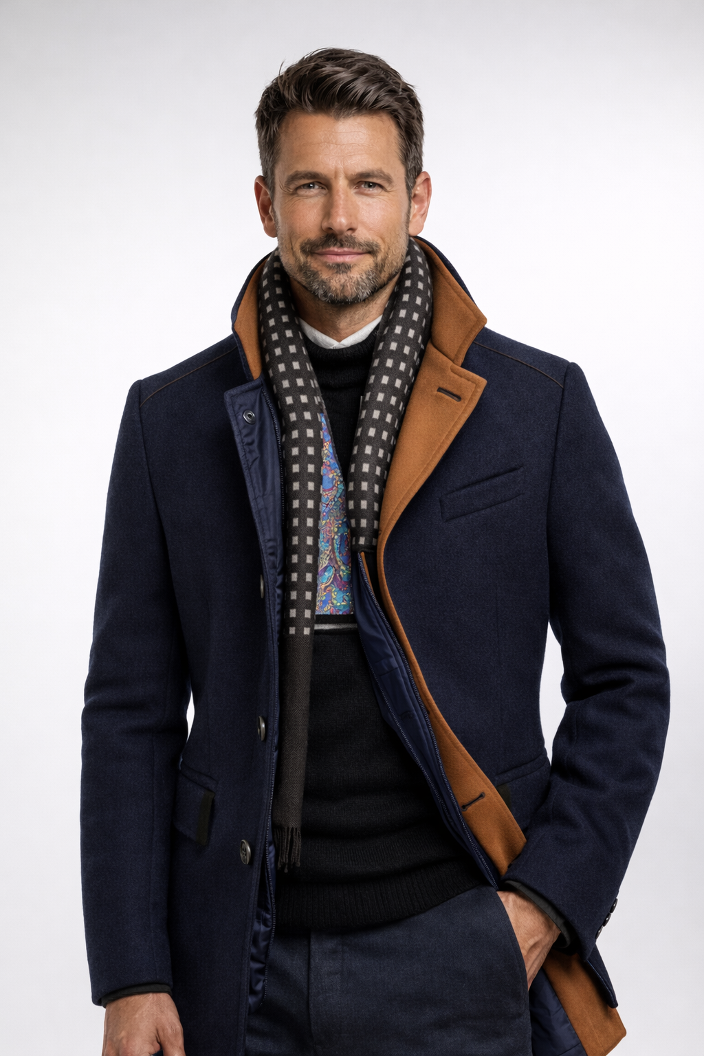 Stand Collar Overcoat with Layered Scarf Insert and Buttons for Men