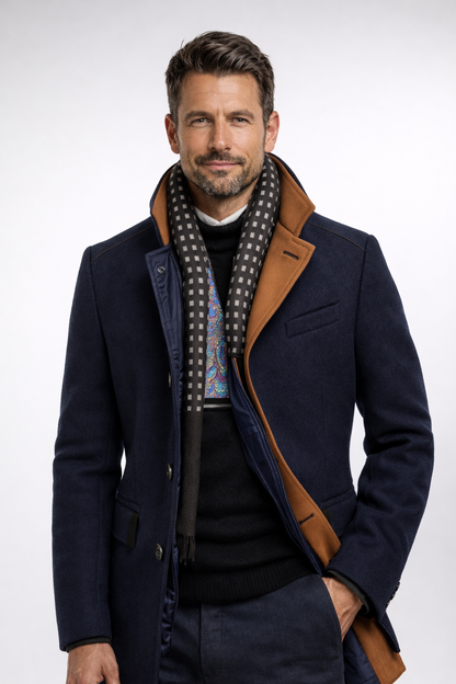 Stand Collar Overcoat with Layered Scarf Insert and Buttons for Men