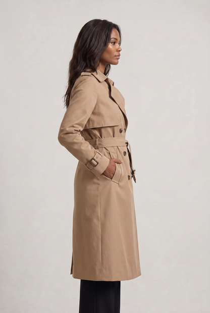 Double Breasted Trench Coat with Belted Waist and Storm Flap for Women