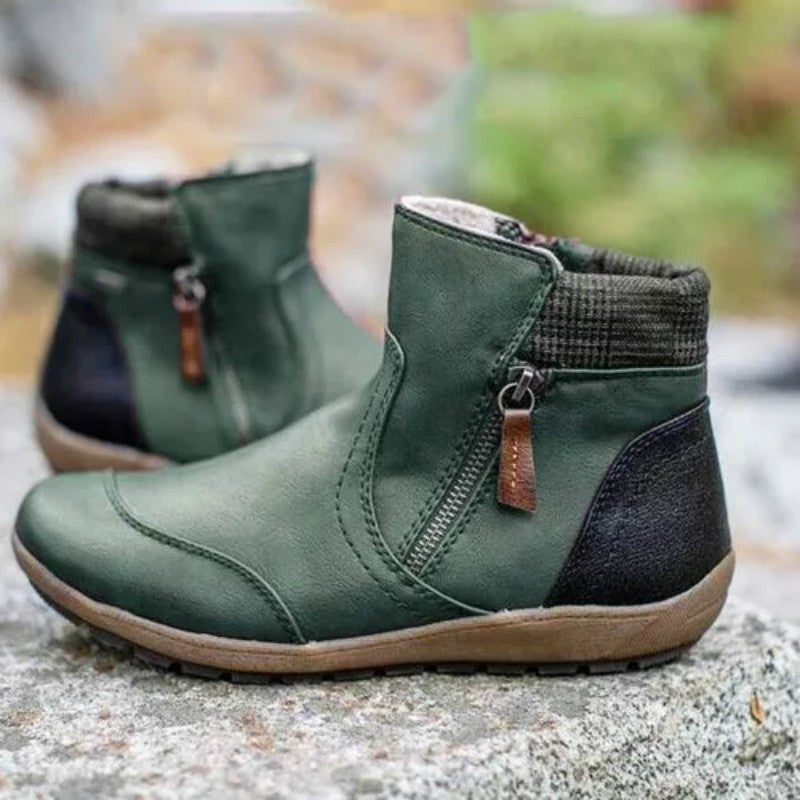 Side Zip Ankle Boots with Plush Collar and Grip Sole for Women