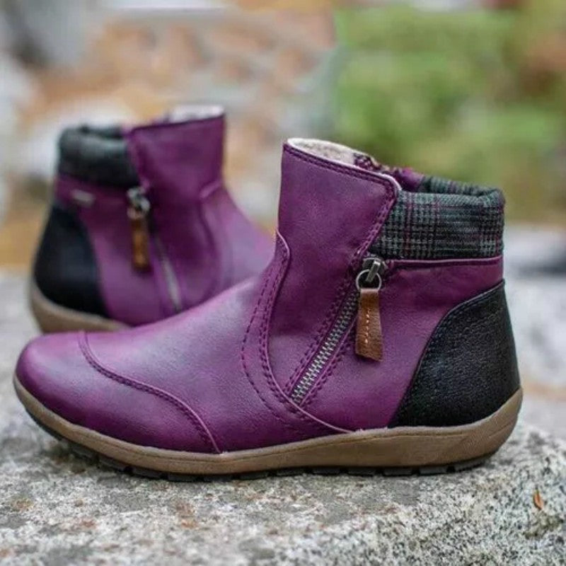 Side Zip Ankle Boots with Plush Collar and Grip Sole for Women