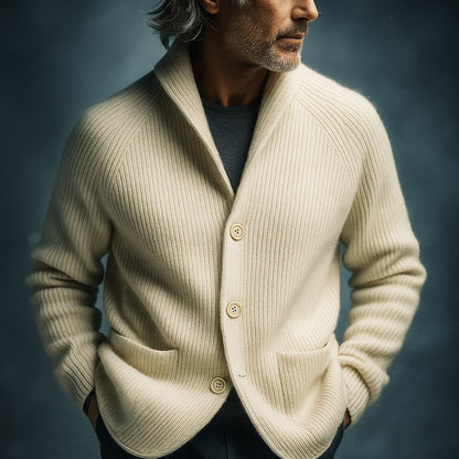 Ribbed Shawl Collar Cardigan Jacket with Patch Pockets for Men