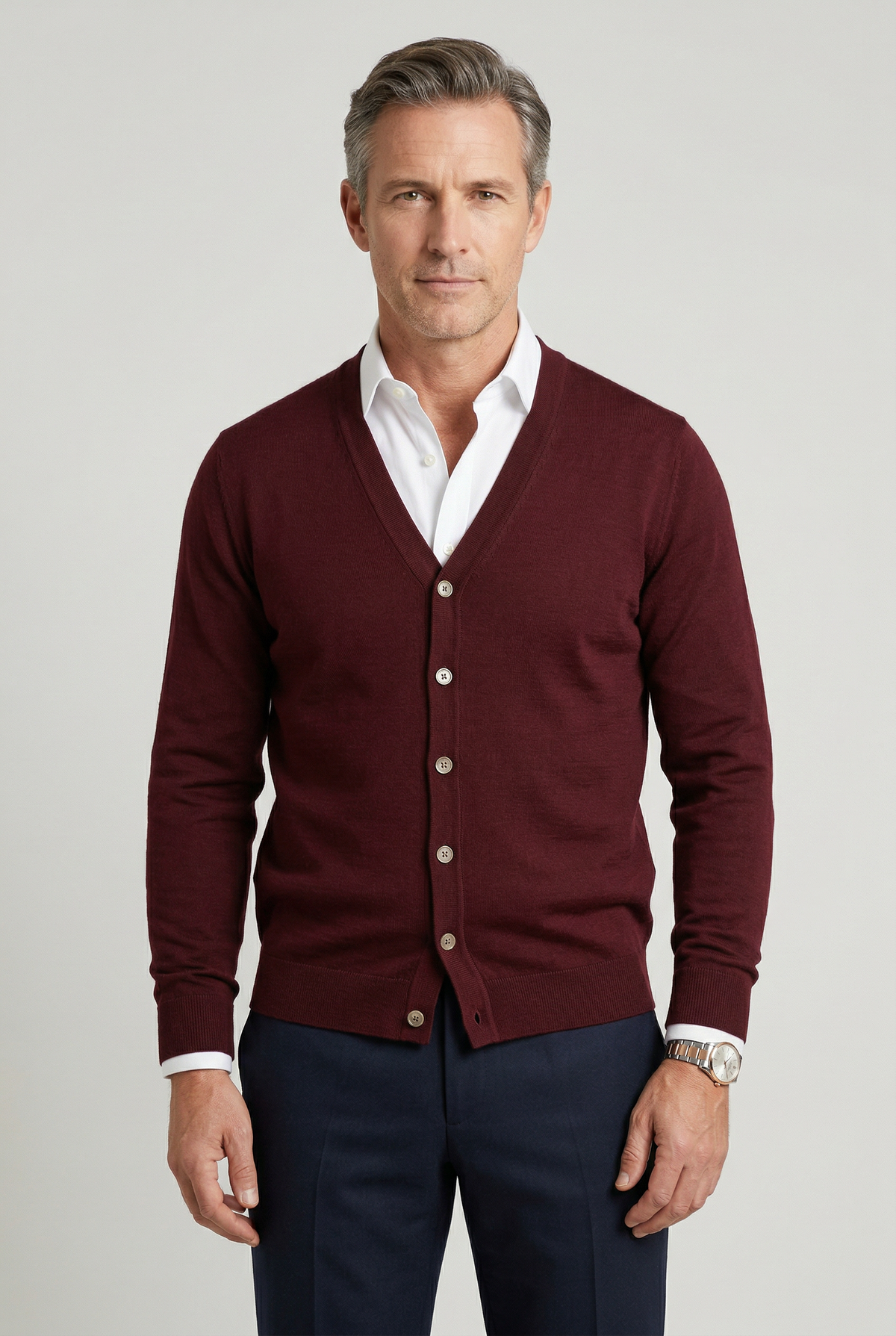 Classic V Neck Cardigan with Button Front and Ribbed Trims for Men