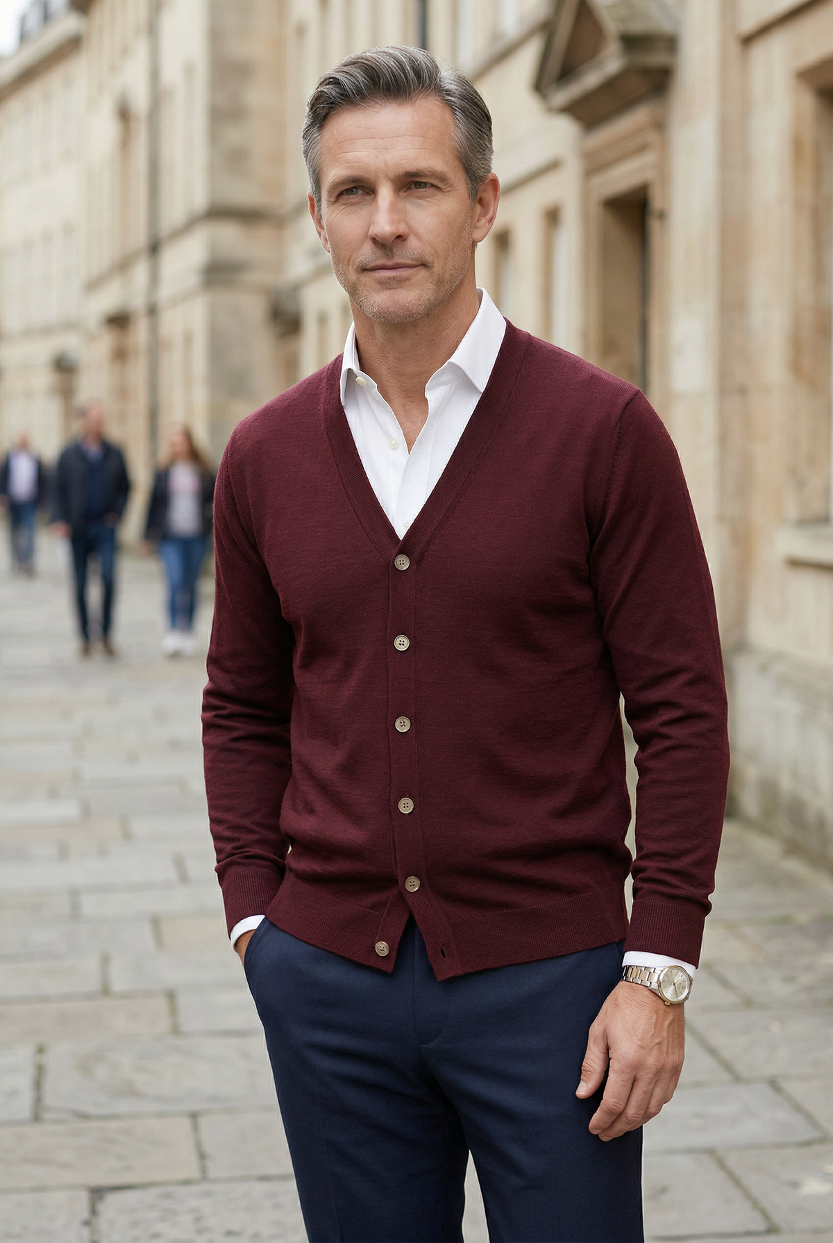 Classic V Neck Cardigan with Button Front and Ribbed Trims for Men