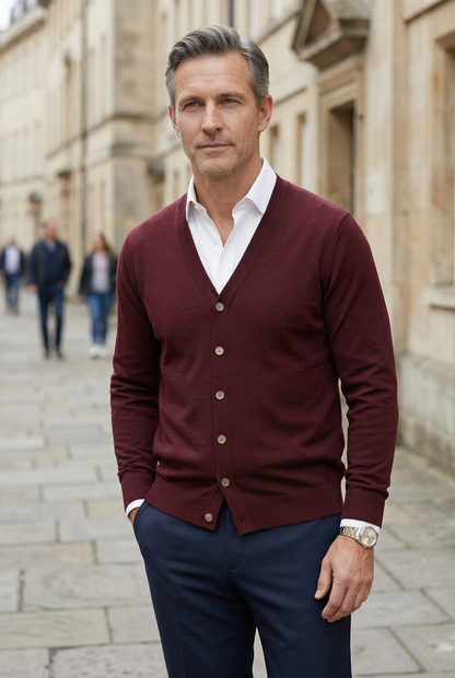 Classic V Neck Cardigan with Button Front and Ribbed Trims for Men