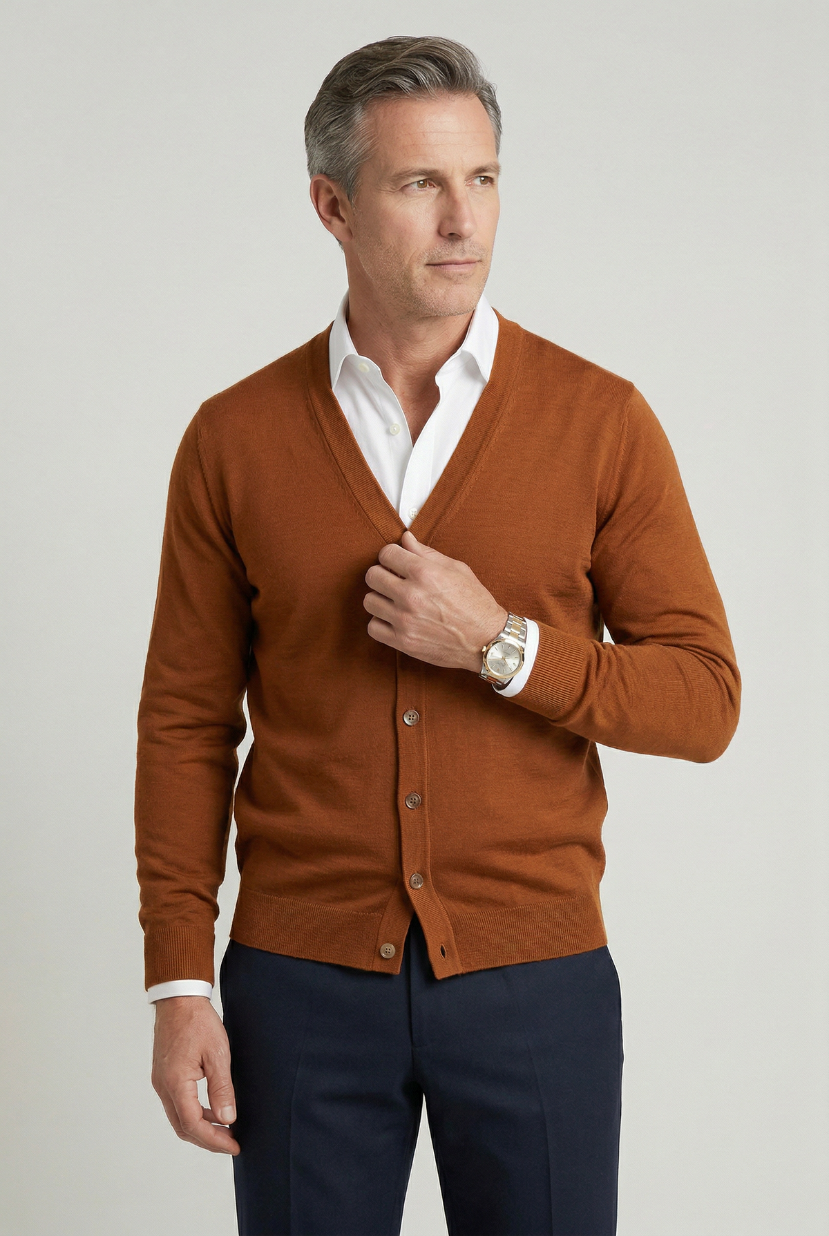 Classic V Neck Cardigan with Button Front and Ribbed Trims for Men