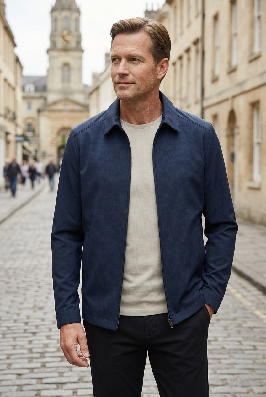 Lightweight Harrington Jacket with Zip Front and Check Lining for Men