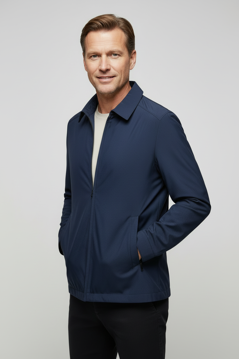 Lightweight Harrington Jacket with Zip Front and Check Lining for Men