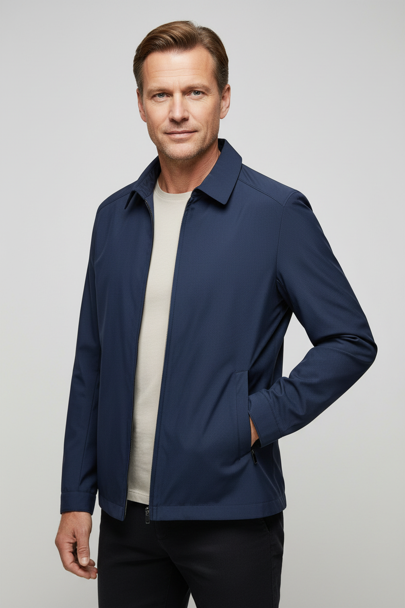 Lightweight Harrington Jacket with Zip Front and Check Lining for Men