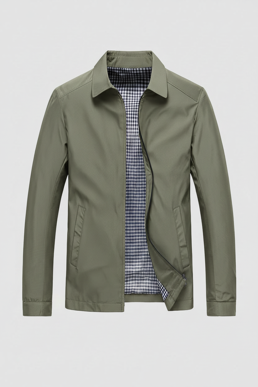 Lightweight Harrington Jacket with Zip Front and Check Lining for Men