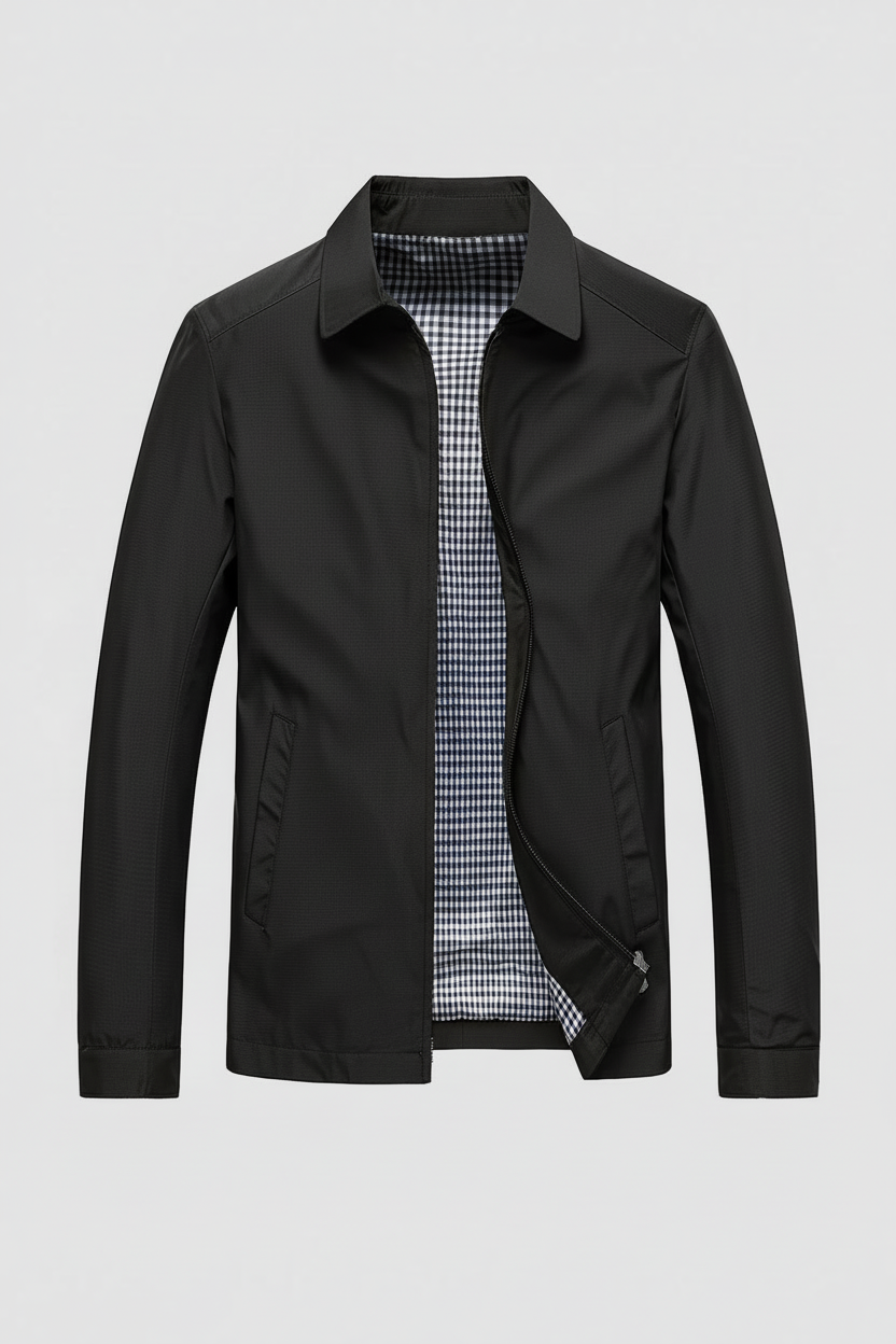 Lightweight Harrington Jacket with Zip Front and Check Lining for Men