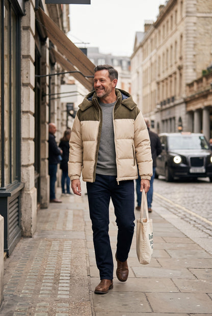 Long Hooded Puffer Jacket with Water-Resistant Fabric for man
