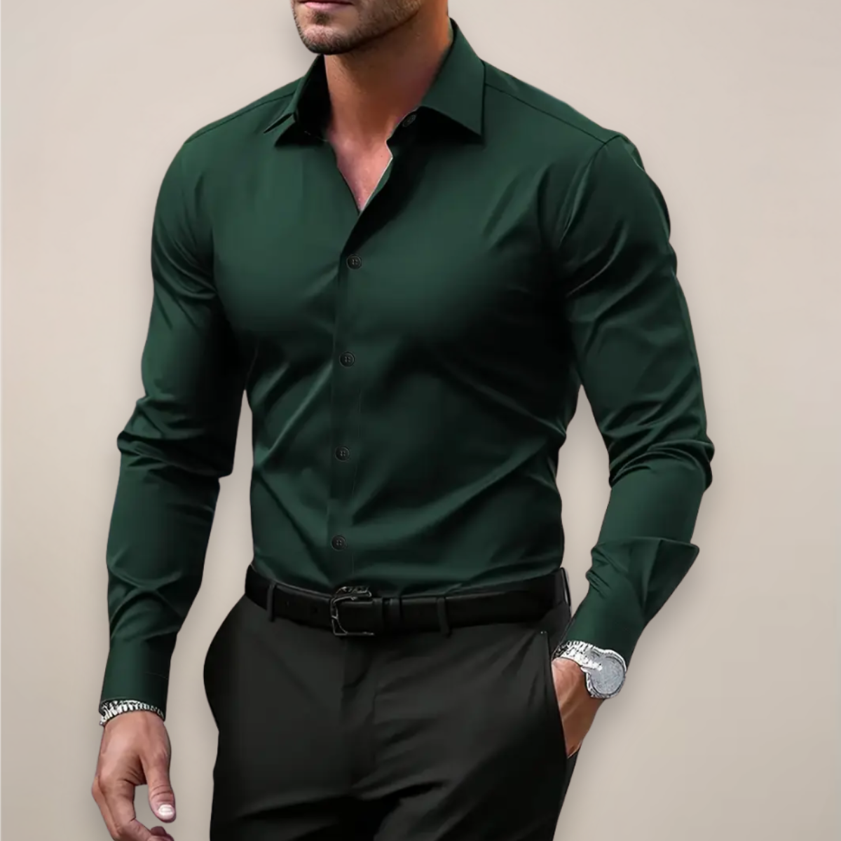 Slim Fit Dress Shirt with Spread Collar and Long Sleeves for Men