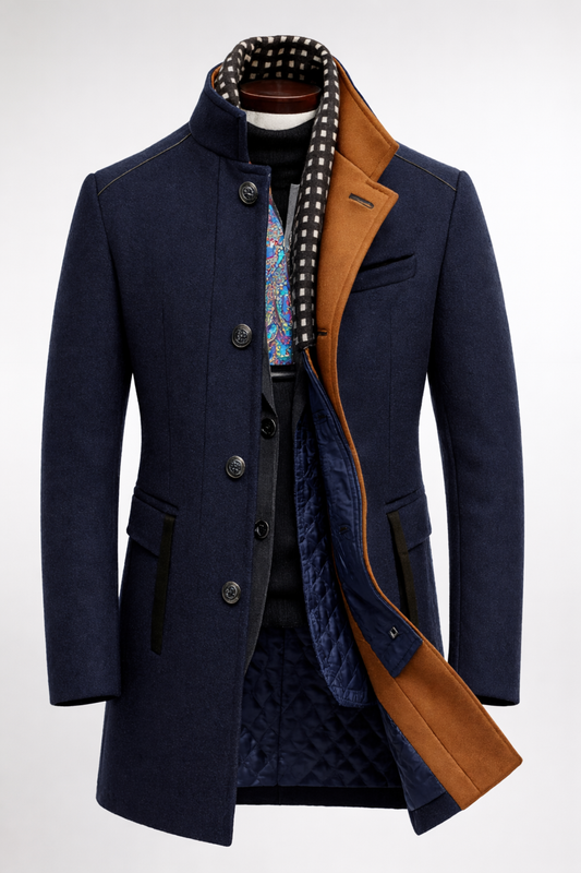 Stand Collar Overcoat with Layered Scarf Insert and Buttons for Men