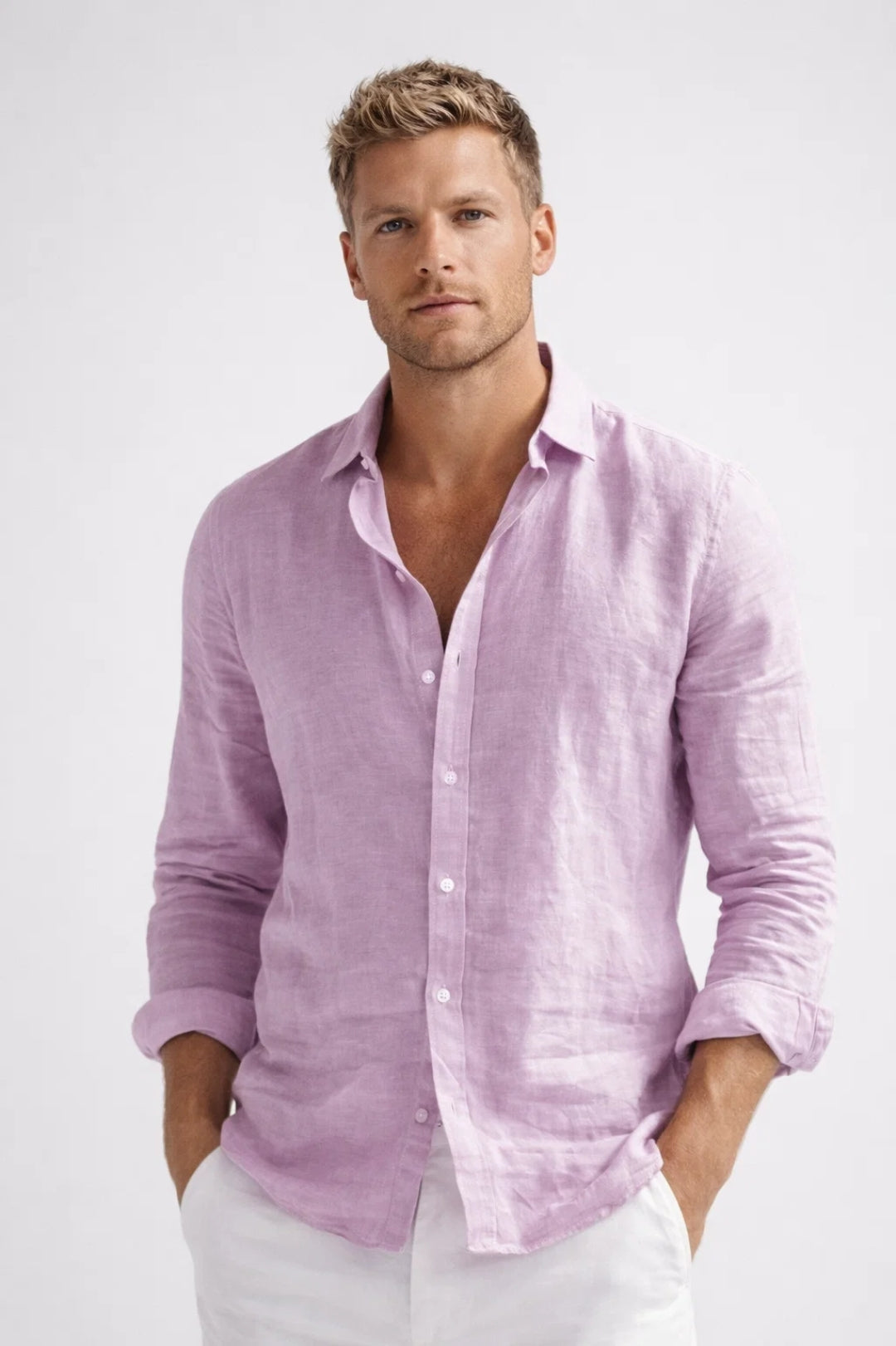 Relaxed Long Sleeve Shirt with Pointed Collar and Button Front for Men
