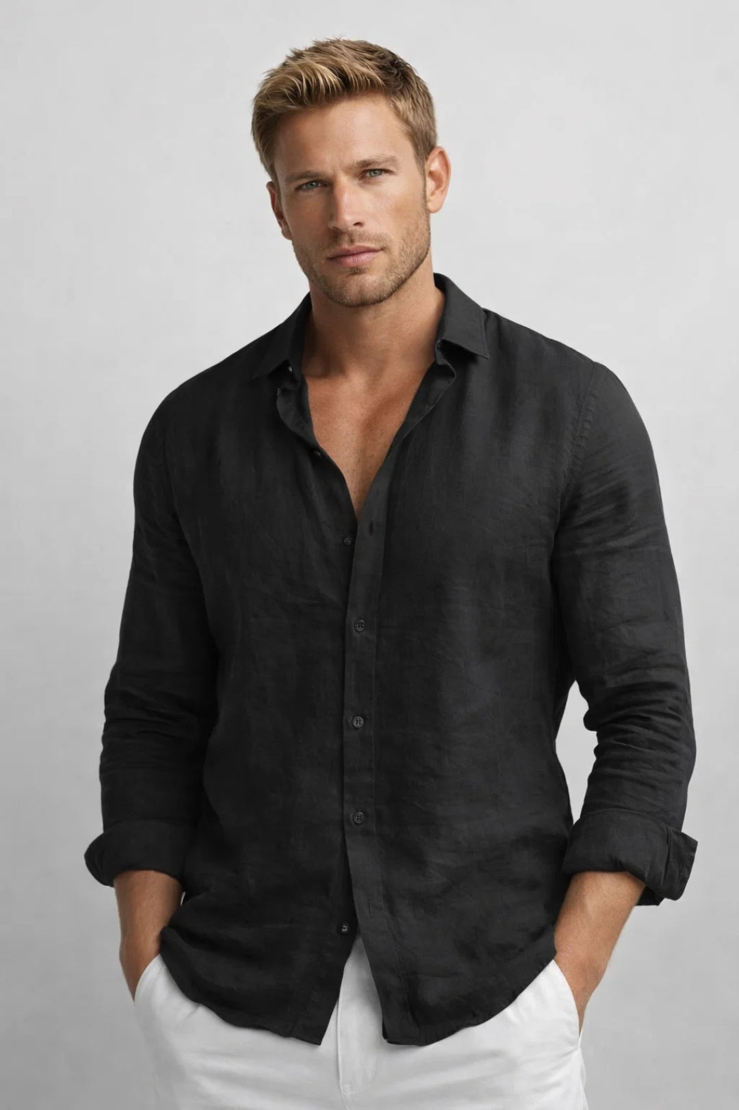 Relaxed Long Sleeve Shirt with Pointed Collar and Button Front for Men