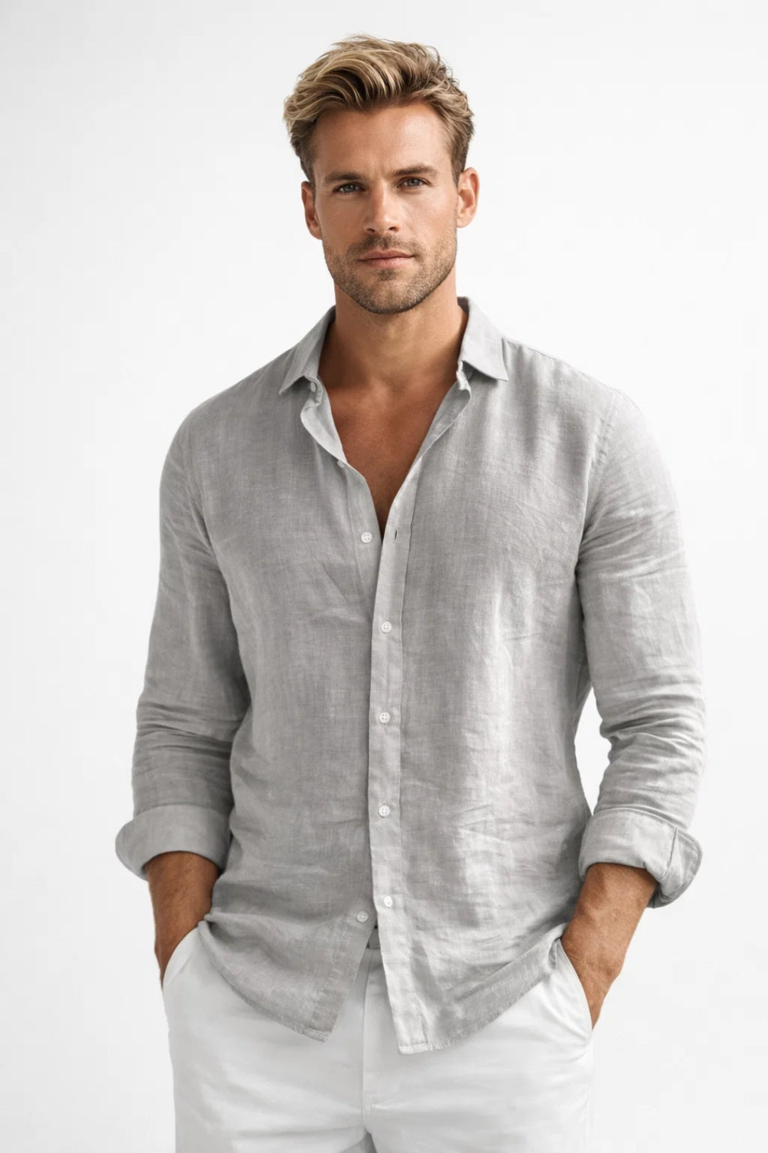 Relaxed Long Sleeve Shirt with Pointed Collar and Button Front for Men