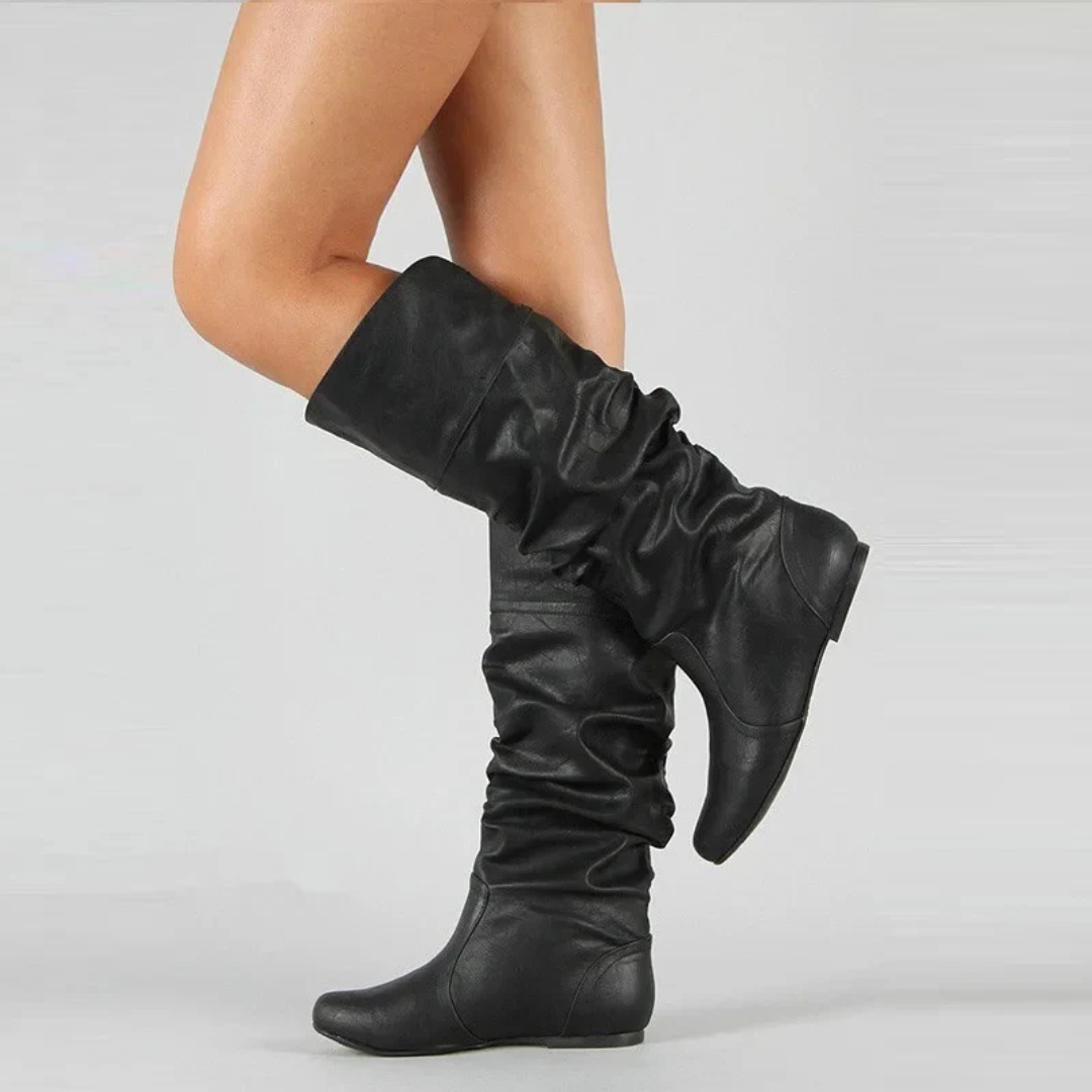 Slouchy Mid Calf Boots with Pull On Shaft and Flat Sole for Women
