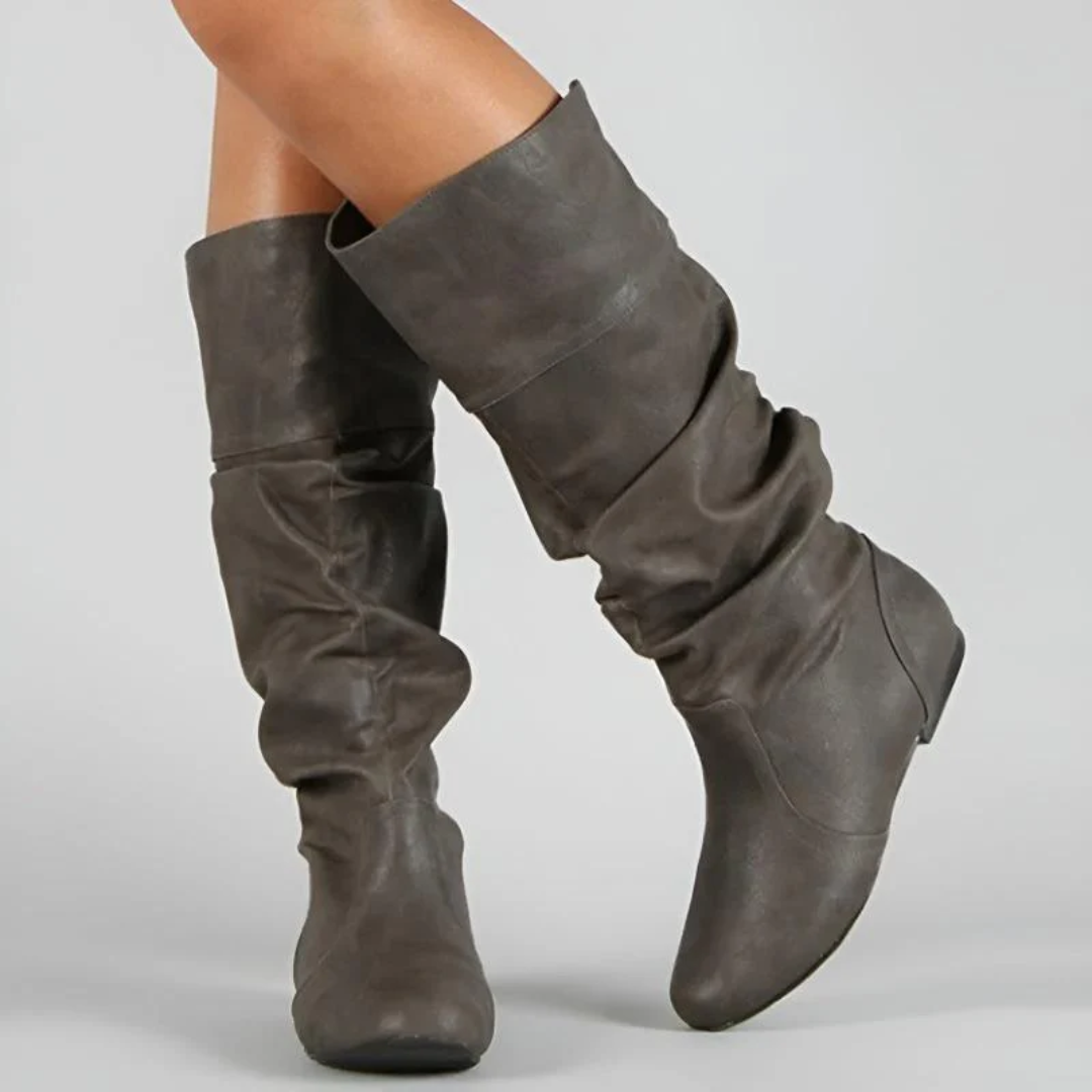 Slouchy Mid Calf Boots with Pull On Shaft and Flat Sole for Women