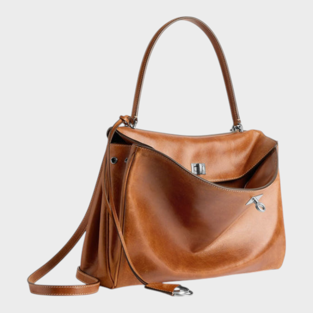 Structured Top Handle Bag with Turn Lock Flap and Long Strap for Women