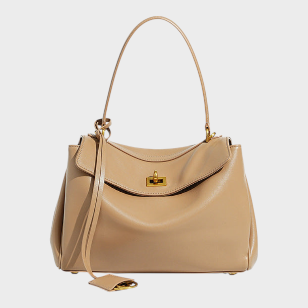 Structured Top Handle Bag with Turn Lock Flap and Long Strap for Women