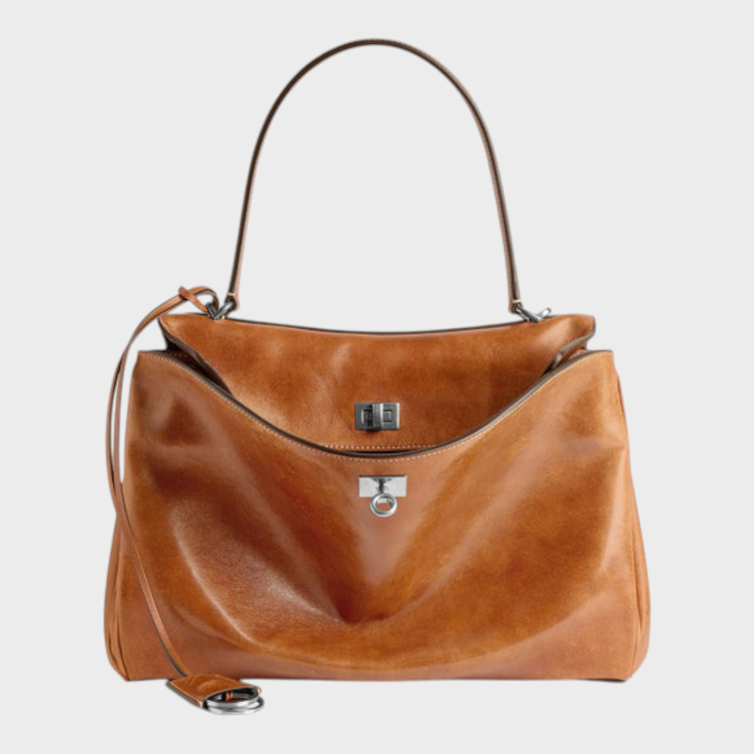 Structured Top Handle Bag with Turn Lock Flap and Long Strap for Women