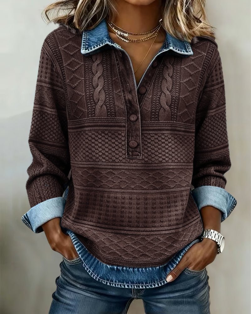Textured Pattern Sweater with Collar and Button Placket for Women