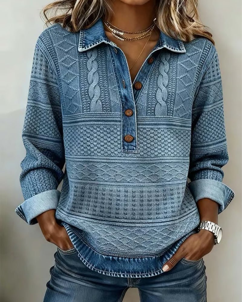 Textured Pattern Sweater with Collar and Button Placket for Women
