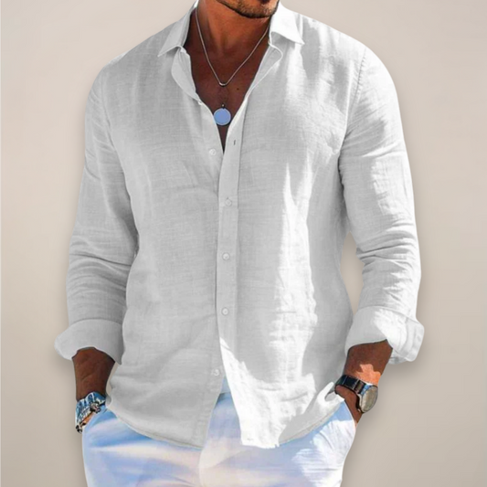 Relaxed Button Up Shirt with Spread Collar and Long Sleeves for Men