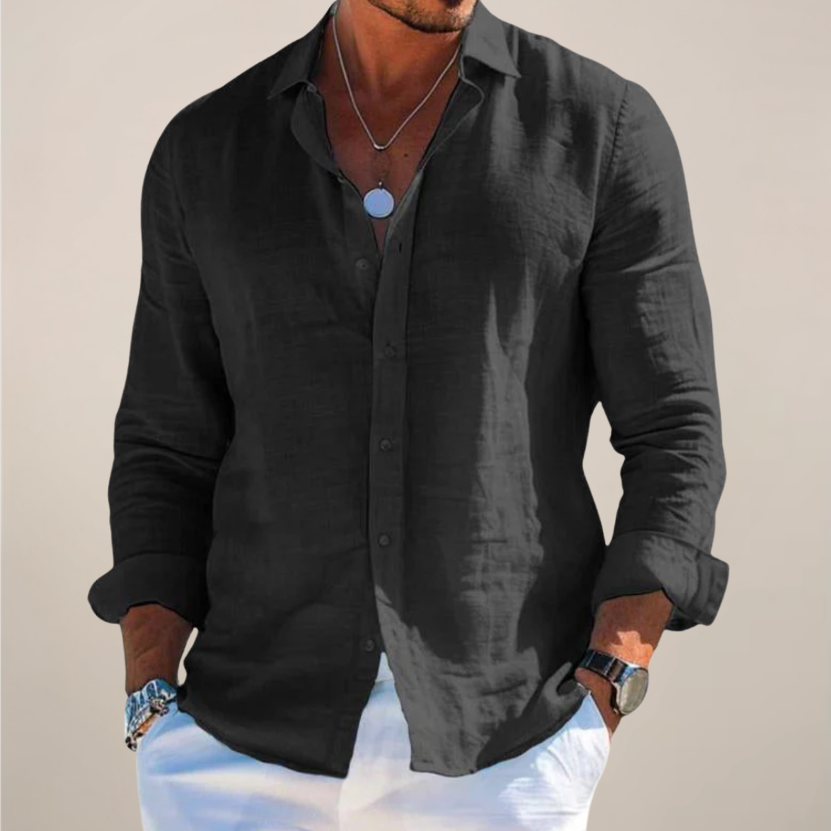 Relaxed Button Up Shirt with Spread Collar and Long Sleeves for Men