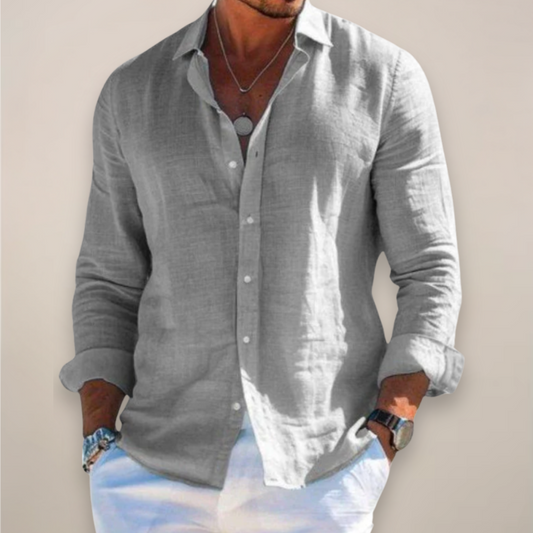 Relaxed Button Up Shirt with Spread Collar and Long Sleeves for Men