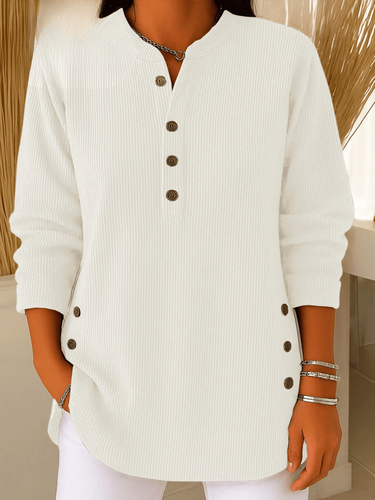 Ribbed Tunic Top with Henley Neckline and Side Button Detail for Women